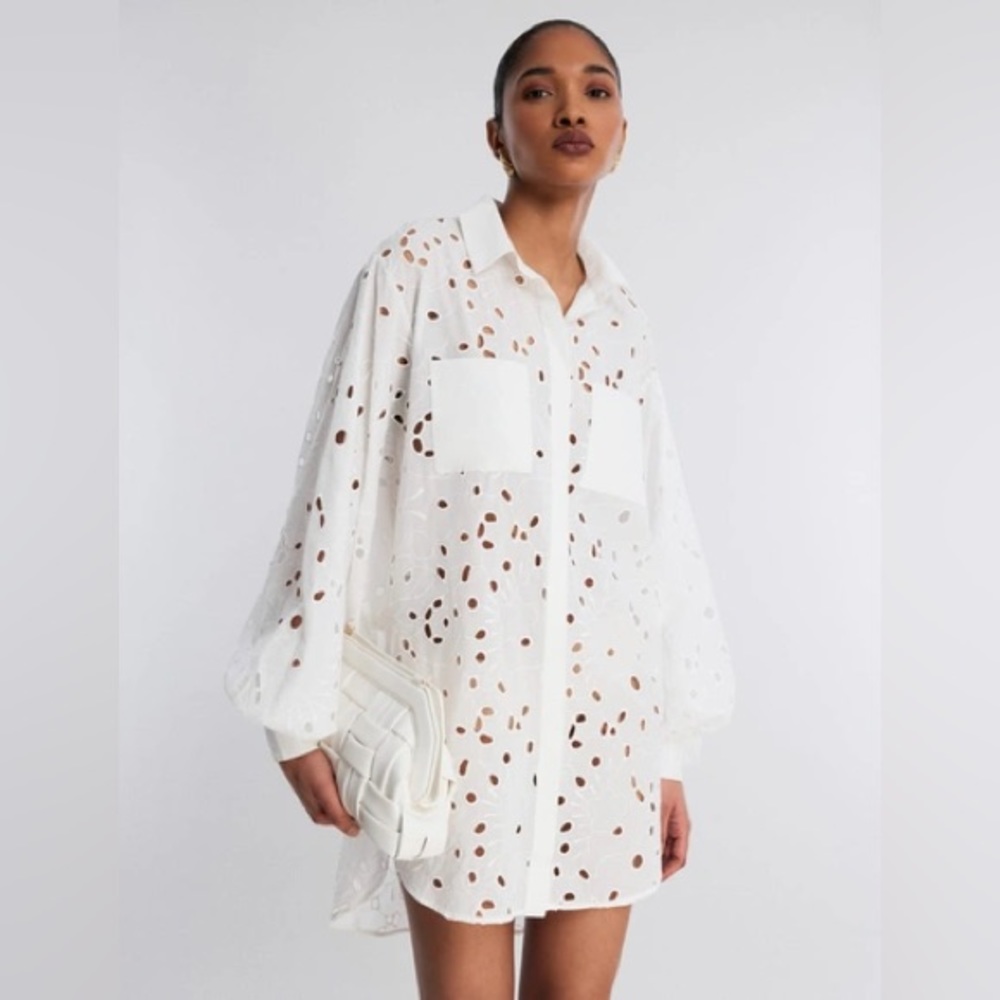 Bcbgmaxazria BCBG Emerson Eyelet Shirt Dress In White with Front Pockets